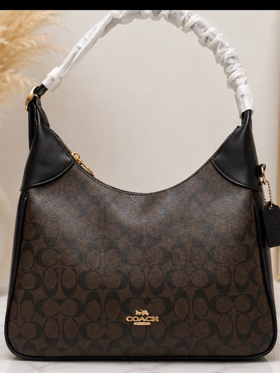 Coach Handbags - Brown Signature Canvas Shoulder Bag with Black Trim